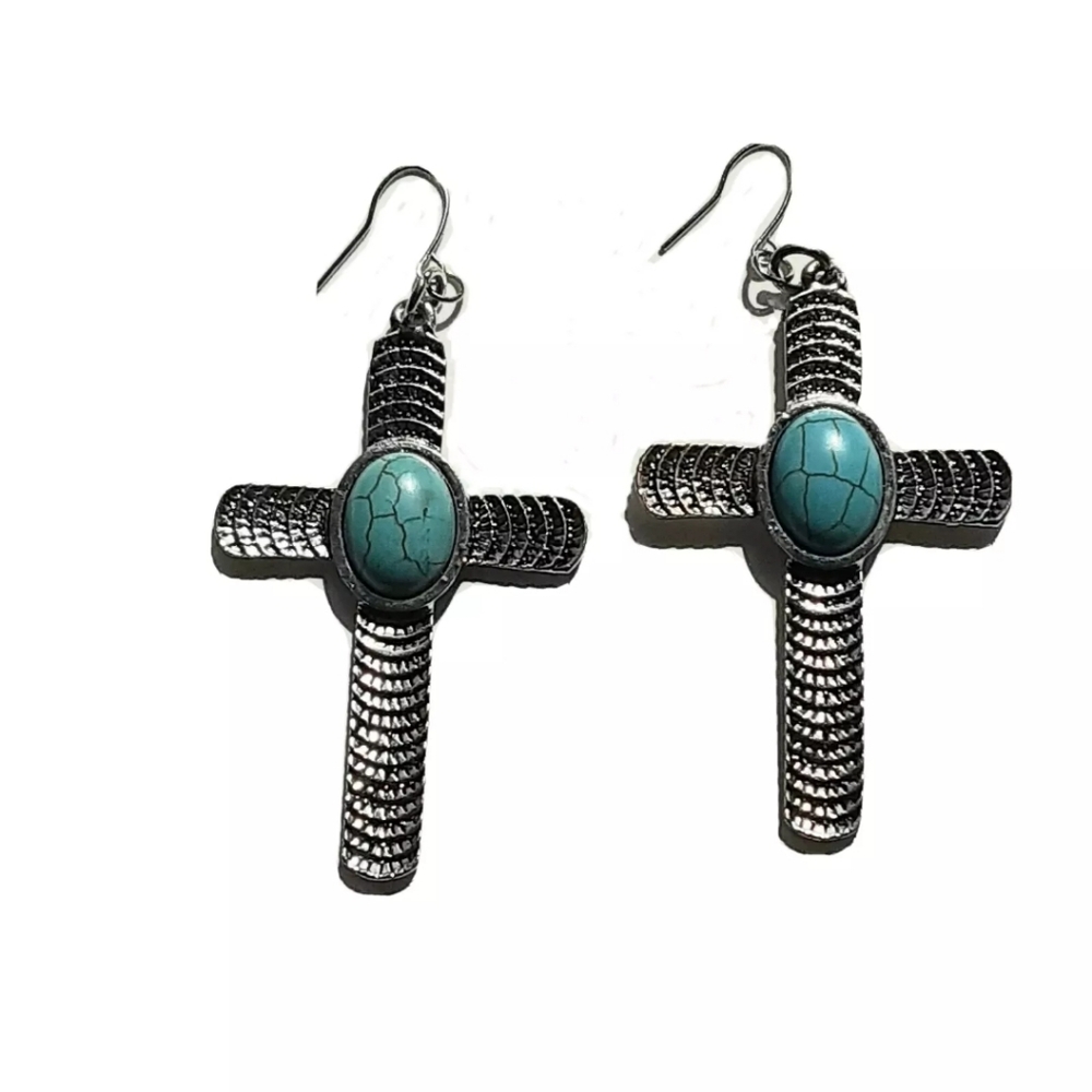Southwestern Silvertone Faux Turquoise Triba Native Cross Earrings 3"